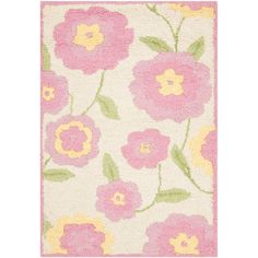 a rug with pink and yellow flowers on the side, in front of a white background