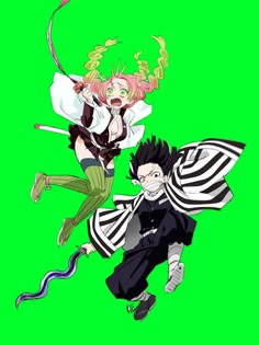 two anime characters flying through the air