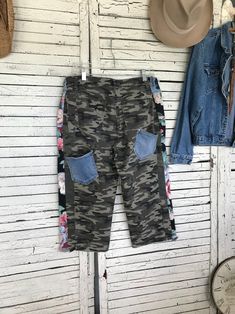 Camo Pants M/L, Grunge Pants, Baggy Pants, Capri Length Pants, Patchwork Pants, Boho Pants, Decorated Pants, Upcycled Clothing for Women - Etsy High Waist Relaxed Fit Pants With Patchwork, High Waist Relaxed Fit Patchwork Pants, Stretch Camouflage Bottoms With Pockets, Baggy Patchwork Tapered Leg Pants, Baggy Patchwork Pants With Tapered Leg, Tapered Leg Patchwork Pants For Spring, Spring Tapered Leg Pants With Patchwork, Stretch Straight Leg Pants With Patchwork, Camouflage Pants With Side Pockets For Spring