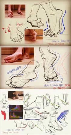 the steps to drawing feet are shown in three different ways