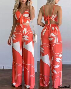 Two Piece Outfits Pants Classy, Two Piece Outfits Pants, Crop Top And Pants Set, Crop Top And Pants, Classy Short Dresses, Plants Print, Modest Dresses Fashion, 2piece Outfits, Chic Dress Classy