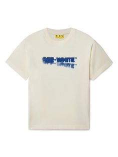 off-white/navy blue cotton jersey texture logo print to the front signature Arrows motif crew neck short sleeves straight hem Off White Graphic Tee, Kith Shirt, Off White Tshirt, Off White Jeans, Texture Logo, Logo Tshirt, Italian Fashion Brands, Logo T Shirts, Dress With Jean Jacket