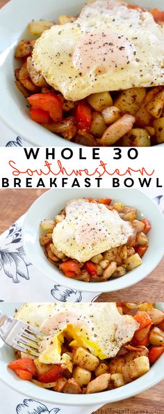 two plates with different types of food on them and the words whole 30 breakfast bowl