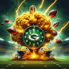 the green bay packers clock is on fire with football helmets around it and lightning in the background