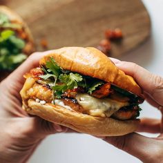 a person holding a sandwich with meat and veggies on it in their hands