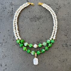 Brand New Purchased For $225 Comes With Original Packaging White Double Strand Natural Stones Jewelry, Luxury White Jade Jewelry, Pearl Necklace Handmade, Handmade Brand, Green Agate, Box Color, Green Bead, Necklace Handmade, Handmade Necklaces