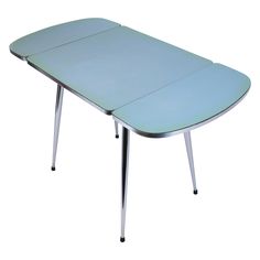 a blue table with metal legs on a white background