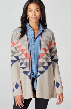 Our soft, easy sweater has a colorful Southwest-inspired intarsia-knit pattern at the front and around the sleeves. The A-line shape and slightly bell-shaped sleeves layer easily over tops and tees, including long-sleeve styles. Striped placket and neckline. Dropped shoulders. Low-hip length: 28½'' front, 30½'' back  Long sleeves 74% cotton, 15% acrylic and 11% polyester yarn Hand wash cold separately, only nonchlorine bleach if needed, reshape and dry flat, do not twist or wring, cool iron if n Southwestern Boho, Open Cardigan Sweater, Open Cardigan, Open Front Cardigan, Blue Cream, Knit Patterns, Cardigans For Women, Front Open, Cardigan Sweater