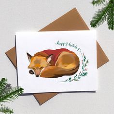 a greeting card with an illustration of a sleeping fox