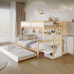 there is a bunk bed with stairs in the room that has white walls and wood floors