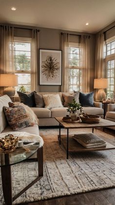 a living room filled with lots of furniture and windows covered in shades of brown, white and blue