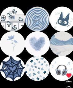 several circular pictures with various designs on them, one has a cat and the other has headphones