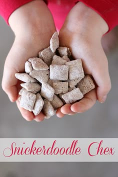 a person holding small chunks of dog food in their hands with text overlay that reads, snickkerdoodlele chew