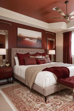 a large bed sitting in a bedroom on top of a red and white carpeted floor