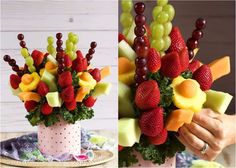 two pictures of different fruits in a vase with grapes, strawberries, apples and oranges