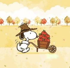 a cartoon dog pushing a wagon full of apples