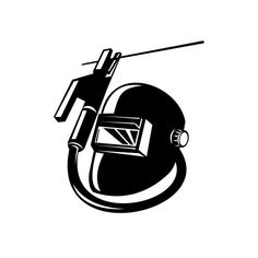 a black and white drawing of a helmet with a needle sticking out of the side