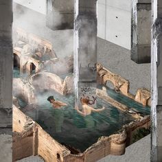 two people are swimming in the water inside an old building with columns on either side