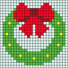 a cross stitch christmas wreath with a red bow on it's head in green and yellow squares