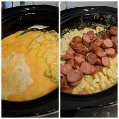 two pictures show the process of making macaroni and cheese with hot dogs in it