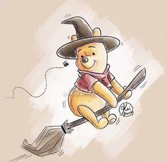 a drawing of a winnie the pooh character on a broom with a witch hat