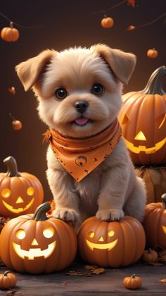 a small white dog wearing a bandana and sitting in front of halloween pumpkins