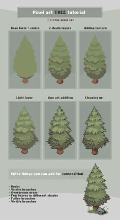 Pixel Art Ideas Tree Art Tutorial, Pixel Art Characters 32x32, Pixel Art Tree, Pixel Rpg Games, Pixel Tree, Game Pixel Art, Cute Pixel Art, Vila Medieval, Game Cute