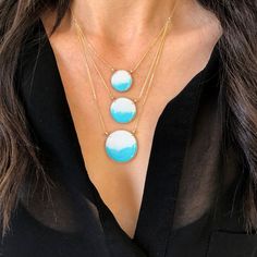 "This Ombré Blue Three Circle Necklace has three hand formed circles that lay softly on your chest. Each circle is filled with a hand mixed resin to create an ombré effect. My Aegean Collection is inspired by the beautiful beaches of Greece and ancient Hellenic jewelry. All elements in the collection are hand formed and assembled. The eye catching designs make a statement when worn with any outfit. Approximate size of circle area: width (1\") length (3\") I make these with an adjustable chain, r Elegant Blue Circular Jewelry, Blue Jewelry With Adjustable Chain And Round Pendant, Minimalist Blue Circular Jewelry, Minimalist Blue Circle Jewelry, Blue Round Necklace With Adjustable Chain, Blue Round Necklaces With Adjustable Chain, Three Strand Necklace, Silver Highlights, Three Tier