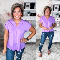 Some tops make a subtle statement. This isn�’t one of them. Its notched V-neck and short sleeves keep things chic. Pair this top with your favorite distressed denim for a laid-back boho vibe or a structured blazer for a splash of color in the office.... Purple Tops For Everyday Spring Wear, Purple Everyday Spring Tops, Purple Everyday Spring Top, Versatile Purple Top For Spring, Purple Top For Spring Layering, Chic Purple Short Sleeve Tops, Lavender Tops For Everyday Spring Wear, Lavender Top For Everyday Spring Wear, Trendy Purple Everyday Top