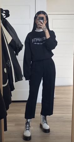 Wide Black Pants Outfit Winter, Alternative Mom Outfits, Goth Outfits For Winter, How To Style A Black Cardigan, Emo Work Outfit, Goth Outfit Winter, All Black Comfy Outfit, Grunge Work Outfit Corporate Goth, Edgy Work Outfits Offices Corporate Goth