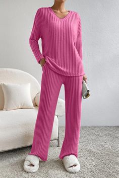 Ribbed V-Neck Top and Pants Set - Sydney So Sweet Comfort Clothes, Loungewear Outfits, Two Piece Pants Set, Top And Pants Set, Outfit Women, Loungewear Set, Pocket Pants, Casual Elegance, Everyday Wardrobe