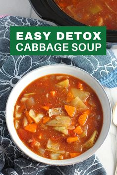 This Detox Cabbage Soup is a healthy and easy recipe that's surprisingly filling, low-calorie, veggie-packed. It's a great way to cleanse your system and eat light meals! The soup is light, but filling with cabbage, tomato, carrots, onion, and garlic. Made in the slow cooker, it's also super easy! #slowcooker #crockpot #healthydinner #healthy #healthyrecipes #detox #soup #easydinner #dinner #lowcarb #lightrecipes #glutenfree #vegetarian #dairyfree Vegan Cabbage Soup, Detox Cabbage Soup, Soup Cabbage, Vegan Cabbage, Homemade Vegetable Broth, Soup Diet, Diet Vegetarian