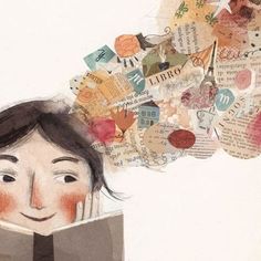 a drawing of a woman reading a book with lots of words coming out of her head