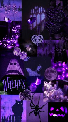 a collage of halloween images with purple and black lights, pumpkins, ghost faces, bats, candles and more