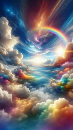 an image of a rainbow in the sky with clouds and sun shining down on it