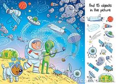 an astronaut and his dog are in outer space with rockets, planets, and other objects