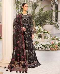 Premium Black Embroidered Long Frock Dupatta for Party Wear Floral Dupatta, Beautiful Frocks, Frock Style, Outfits Unique, Pakistani Style, Pakistani Party Wear, Raw Silk Fabric, Long Frock, Chiffon Sleeves