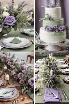 the table is decorated with purple flowers and greenery