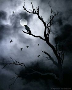 birds are flying around the tree branches in front of a full moon and cloudy sky