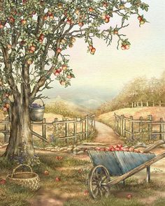 an apple tree with apples on it and a wheelbarrow in the foreground