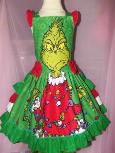 Very cute girl's  Dress  Size: 5t Length from shoulders to the bottom of dress: 25 inches waist stretch 20-30in Adorable Grinch dress, perfect for party! Your little girl will love the easy to put on and lightweight fabric. No itchy stitching! Not only will the family love the fun design, but your little darling is sure to love the cute print! Grinch Wedding, Grinch Games, Grinch Dress, Bad Man, Christmas School, Man Party, Christmas Green, Christmas Things, Grinch Christmas