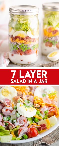 salad in a jar with text overlay that reads 7 layer salad in a jar