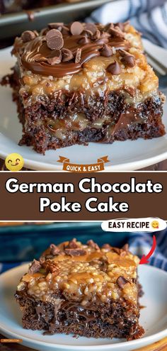 german chocolate poke cake on a white plate with the title in the middle and an image of