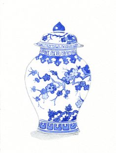 a drawing of a blue and white vase with flowers on the bottom, in front of a white background