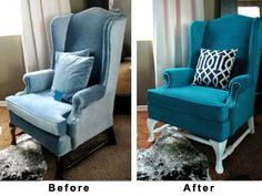 before and after photos of a blue wingback chair