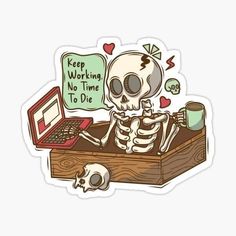 a skeleton sitting on top of a wooden box next to a laptop