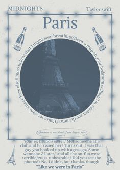 an advertisement with the eiffel tower in blue and white, which reads midnights paris