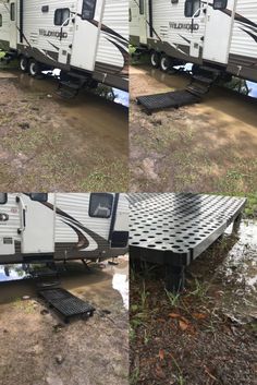 four different views of an rv parked in the mud