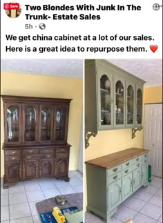 two pictures of an old china cabinet with glass doors and wood top in the middle