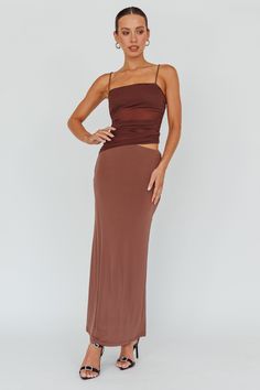 Lorely Ruched Bodice Midi Dress Brown Midi Dress Brown, Brown Midi Dress, Midi Dress Style, Split Maxi Dress, Ruched Bodice, Iron Material, Date Night Dresses, Red Midi Dress, Knit Mini Dress